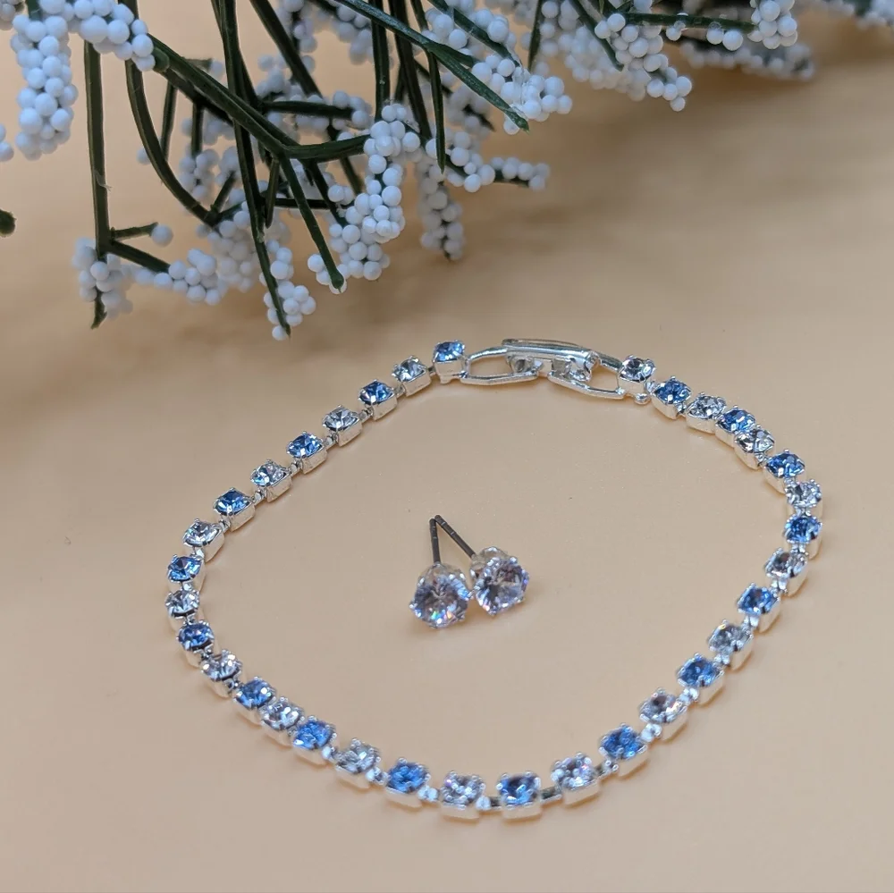 Elegant Silver and Blue Bracelet and Earring Set Made w/ Swarovski Crystals - Picture 3 of 8
